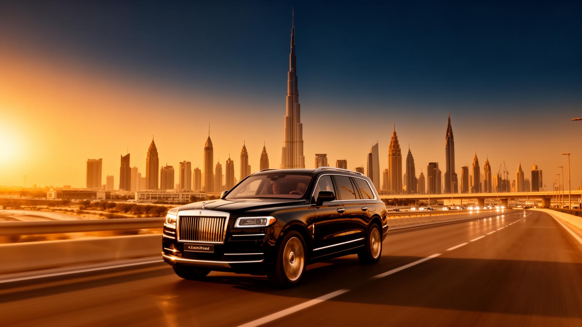 Luxury SUV driving on Dubai highway with Burj Khalifa skyline